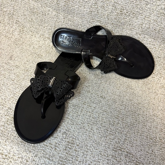 Salvatore Ferragamo Lace Bow Tie, Black Jelly Sandals - Picture 13 of 14